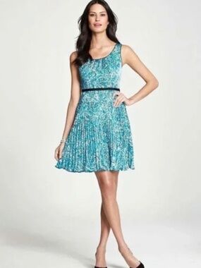 Ann Taylor Blue Paisley Sleeveless Fit & Flare pleated Dress 0p